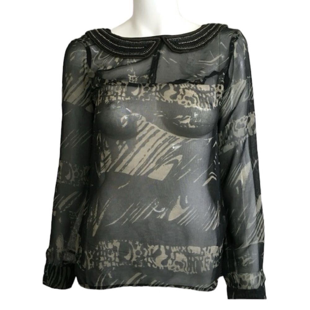 Koaj Y2K Printed Sheer Beaded Collared Long Sleeve Aprica Blouse Black Small